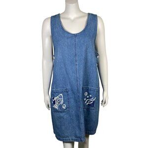 Vintage Denim Sleeveless Apron Dress Size XL Fish Motif Side Buttons Relaxed Fit